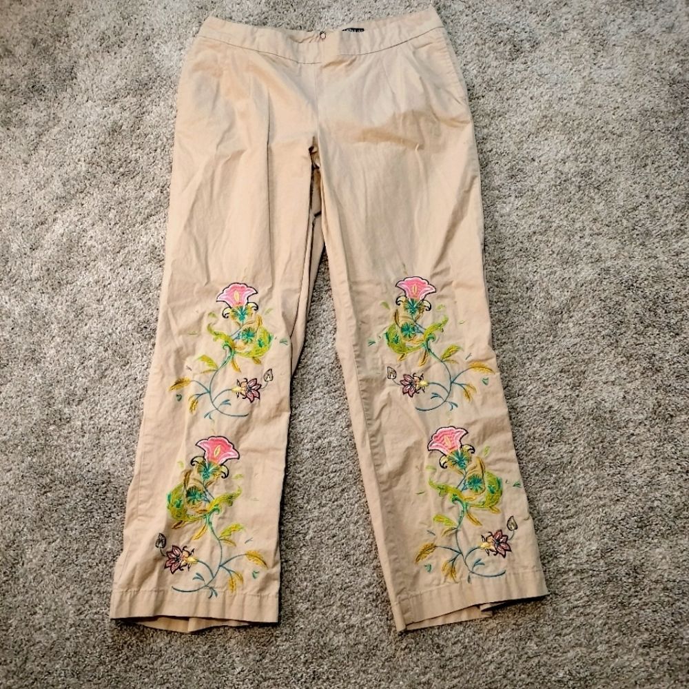 Venus Floral Embroidered Tan Wide Leg Casual Pants Sz 14
